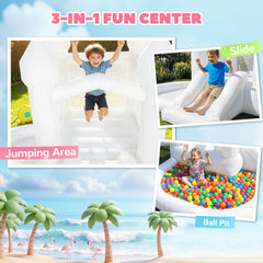 Inflatable Bounce House, 3-in-1 White Castle Bouncy House with Slide, Ball Pit and 370W Blower for Kids Ages 3-8, White