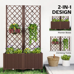 Planter Box with Trellis, Self Watering Raised Garden Bed with Lockable Wheels and Drainage Holes, Brown