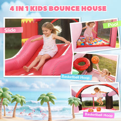 Inflatable Bounce House with Ball Pool, Basketball Hoop, Jumping Bouncy Castle with Blower for Indoor Outdoor, Pink
