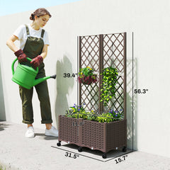 Planter Box with Trellis, Self Watering Raised Garden Bed with Lockable Wheels and Drainage Holes, Brown