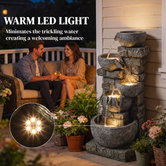 Outdoor Water Fountain with LED Lights, 31.5" Tall 5 Tiers Cascading Water Feature for Garden Patio Home Decor, Gray
